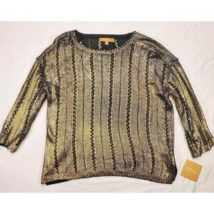 ELLEN Tracy Women's Sweater High Cow Gold Metallic Open Knit 3/4 Sleeve New Tags